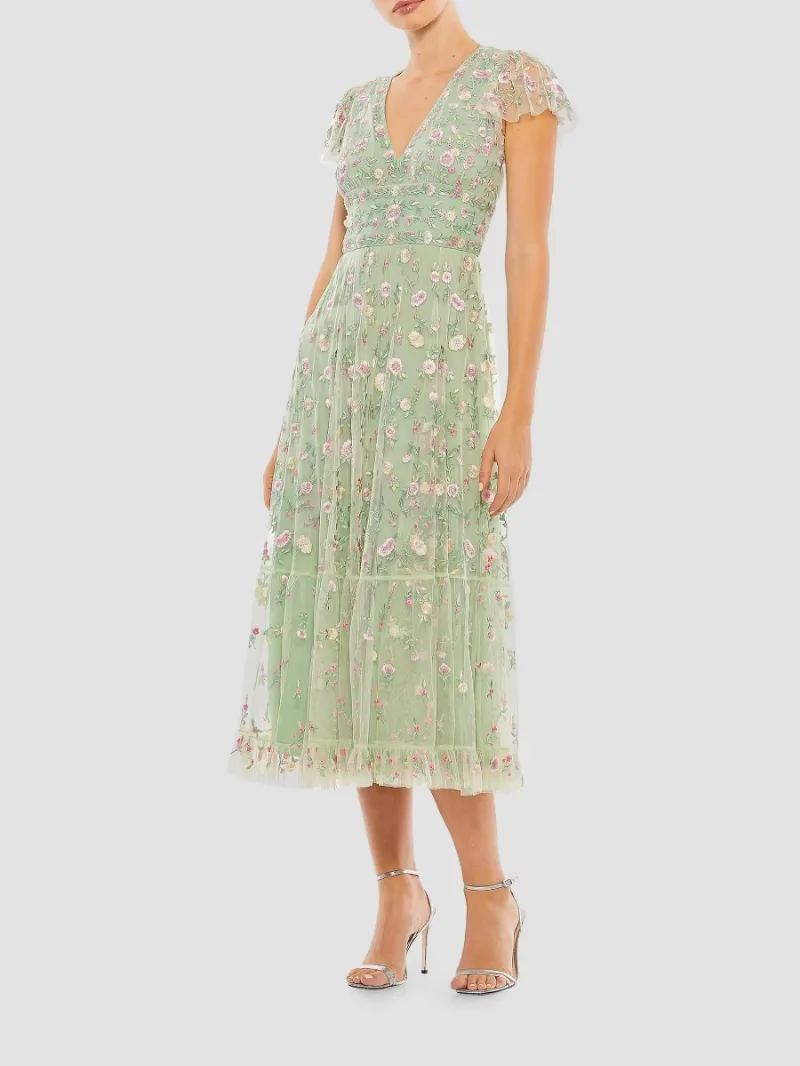 Mac Duggal Women's Floral Midi Dress - Sage Multi - Size 2