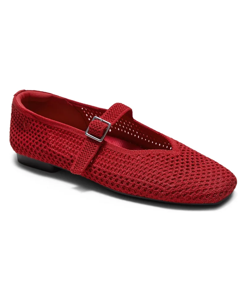 Vivaia Margot Square-Toe Knit Adjustable-Strap Mary Jane Flats - Ruby red mesh