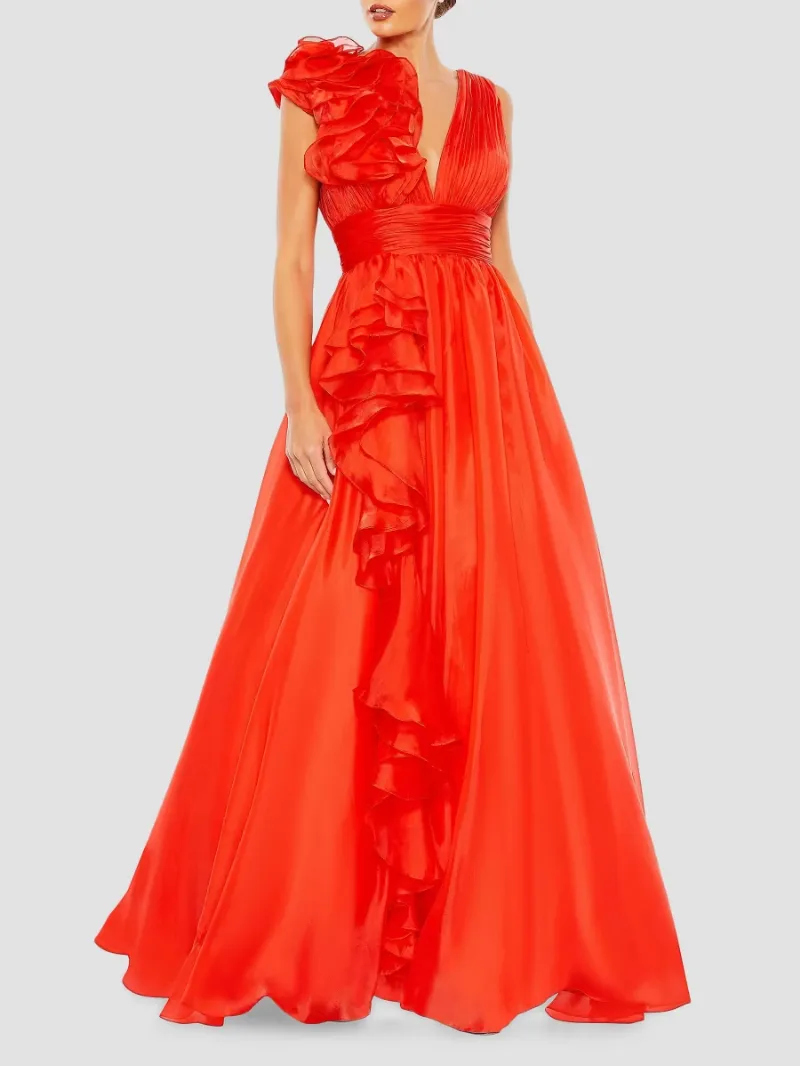 Mac Duggal Women's Satin Plunge Ruffled A-Line Gown - Cherry - Size 8