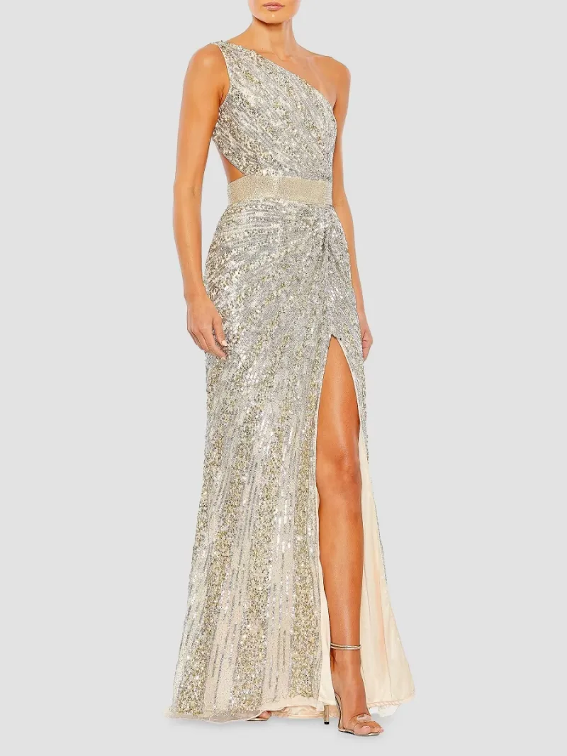 Mac Duggal Women's Sequined One-Shoulder Lace-Up Gown - Silver - Size 8