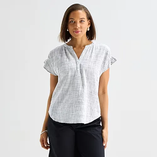 Liz Claiborne Womens Split Crew Neck Short Sleeve Blouse, X-small, Blue
