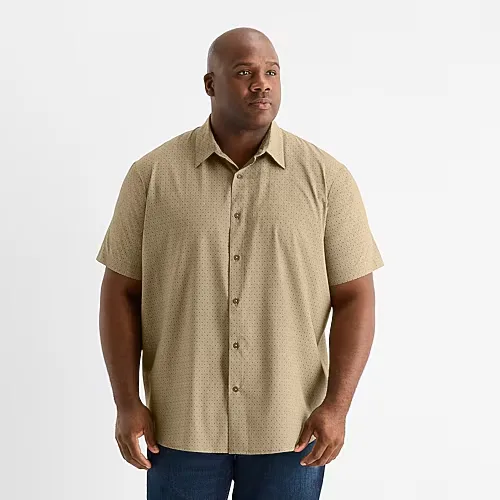 Shaquille O'Neal XLG Mens Short Sleeve Regular Fit Big and Tall Button-Down Shirt, 4x-large Tall, Beige