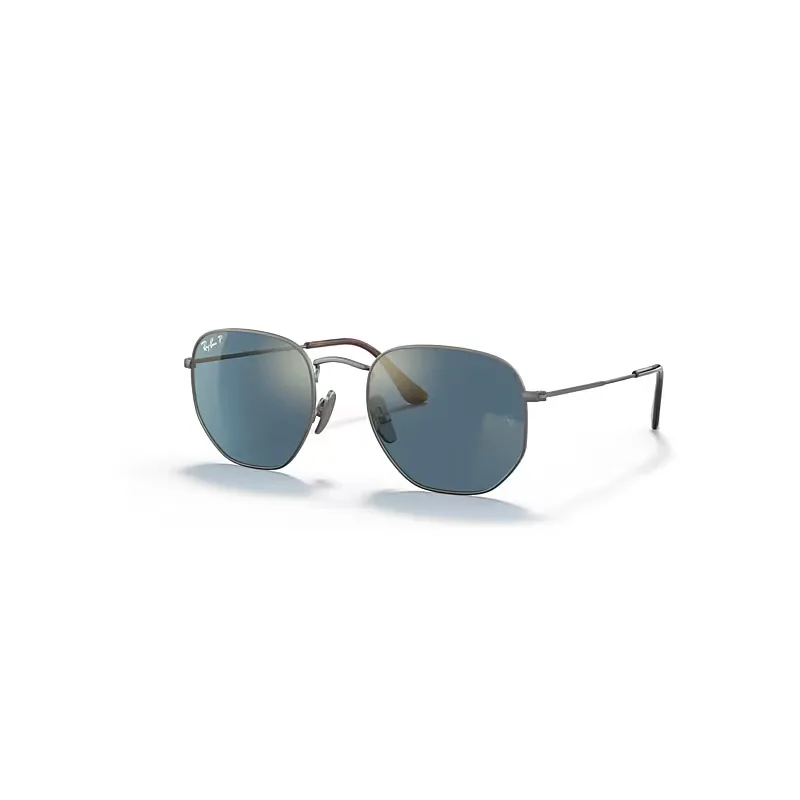 Ray-Ban Hexagonal Titanium Sunglasses Gunmetal Frame Blue Lenses Polarized 51-21