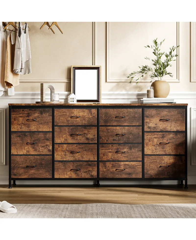 homfan Modern 63" Dresser Tv Stand with 14 Drawers and Power Outlets, Long Entryway Storage Cabinet for 65-75 Inch TVs, Bedroom - Brown