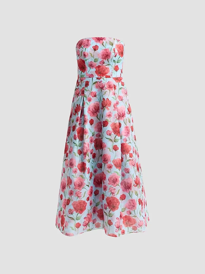 Women's Shay Floral Organza Strapless Cocktail Dress - Sky Poppies - Size 6