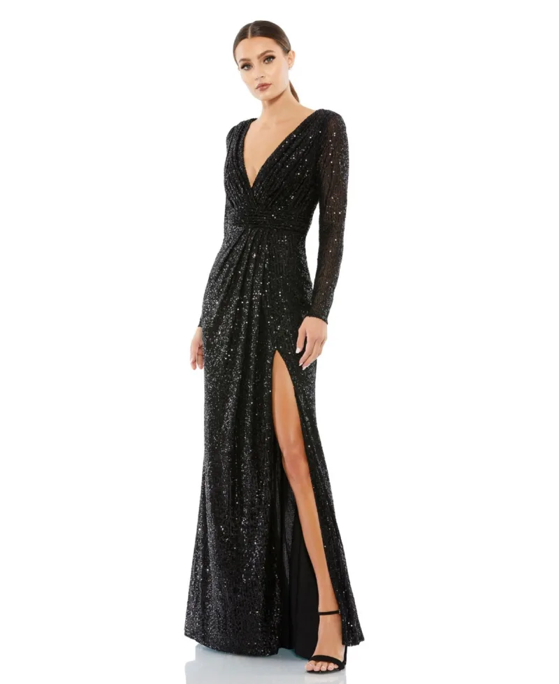 Mac Duggal Women's Floor-Length Sequin Gown Featuring Long Sleeves and Sheer Accents - Black