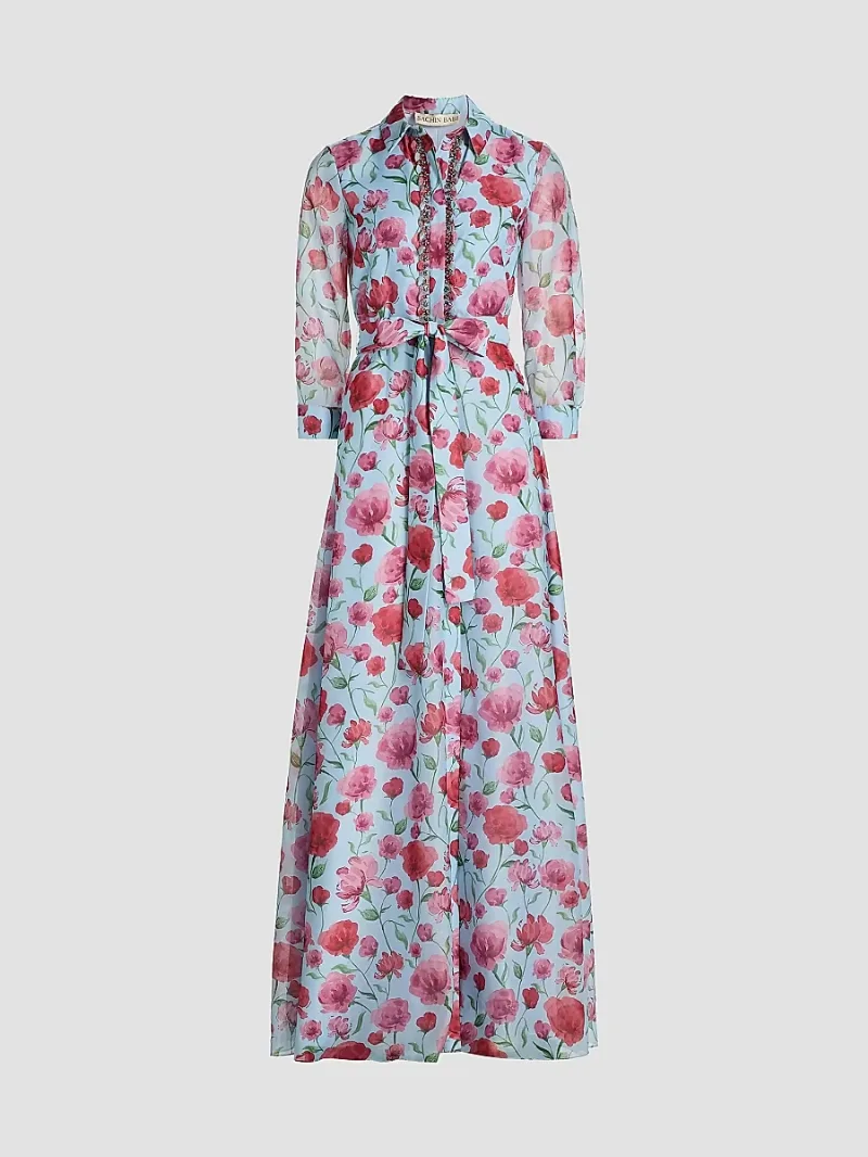 SACHIN BABI Women's Addison Floral Organza Shirtwaist Gown - Sky Poppies - Size 8