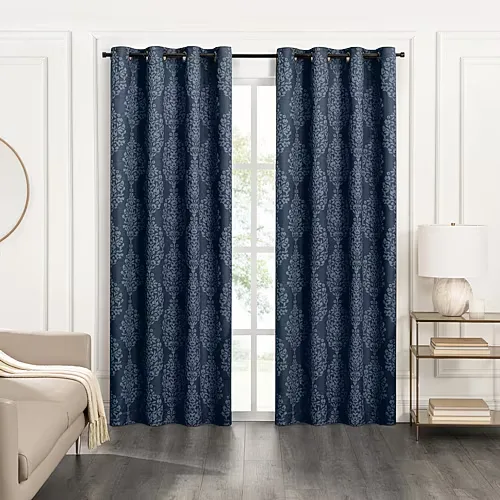 Fieldcrest Heritage Serafina Grommet Top Energy Saving 100% Blackout Single Curtain Panel, One Size, Blue