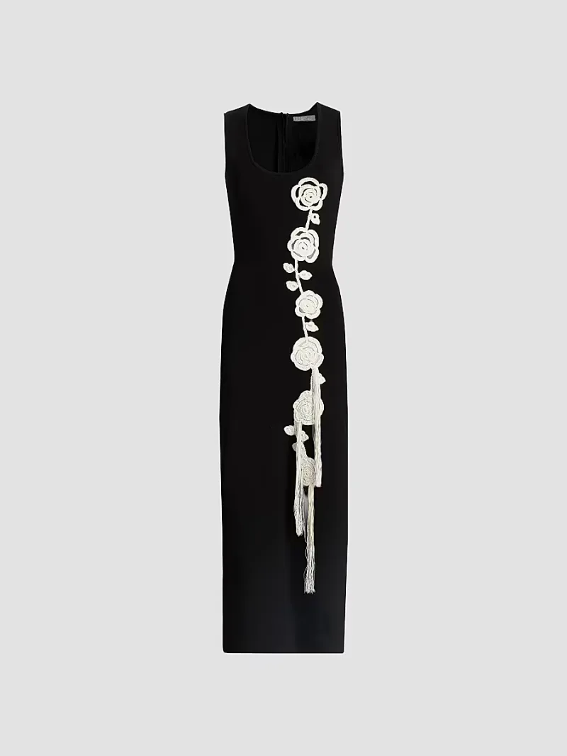 Women's Crochet Appliqué Midi-Dress - Black - Size Medium