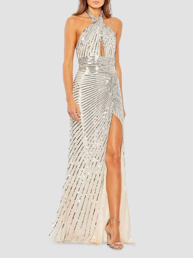 Mac Duggal Women's Sequined Halterneck Gown - Silver - Size 14