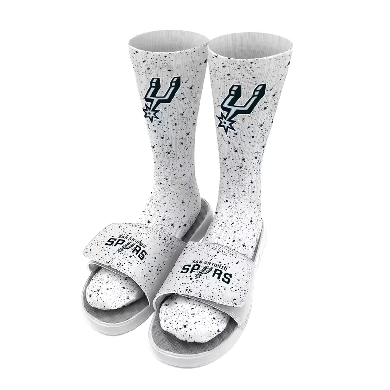 Men's ISlide White San Antonio Spurs Team Logo Speckle Socks & Slide Sandals Bundle