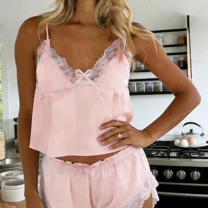 Women's Pajama Set Lace Trim V Neck Sleeveless Sleepwear Camisole Pj Shorts Set Nightwear