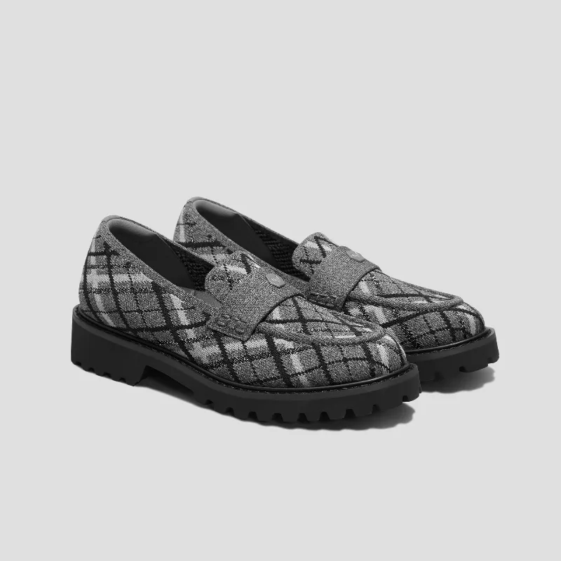VIVAIA Round-Toe Platform Chunky Heel Loafers (Francesca)|RICH GREY PLAID|US 6.5