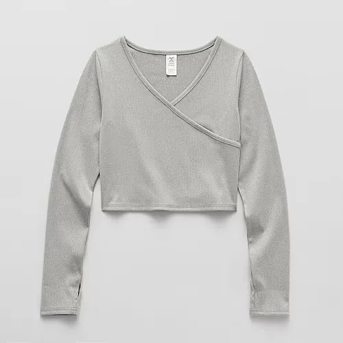 Xersion Little & Big Kid Girls V Neck Long Sleeve Active T-Shirt, Large (14.5/16.5) Plus, Gray