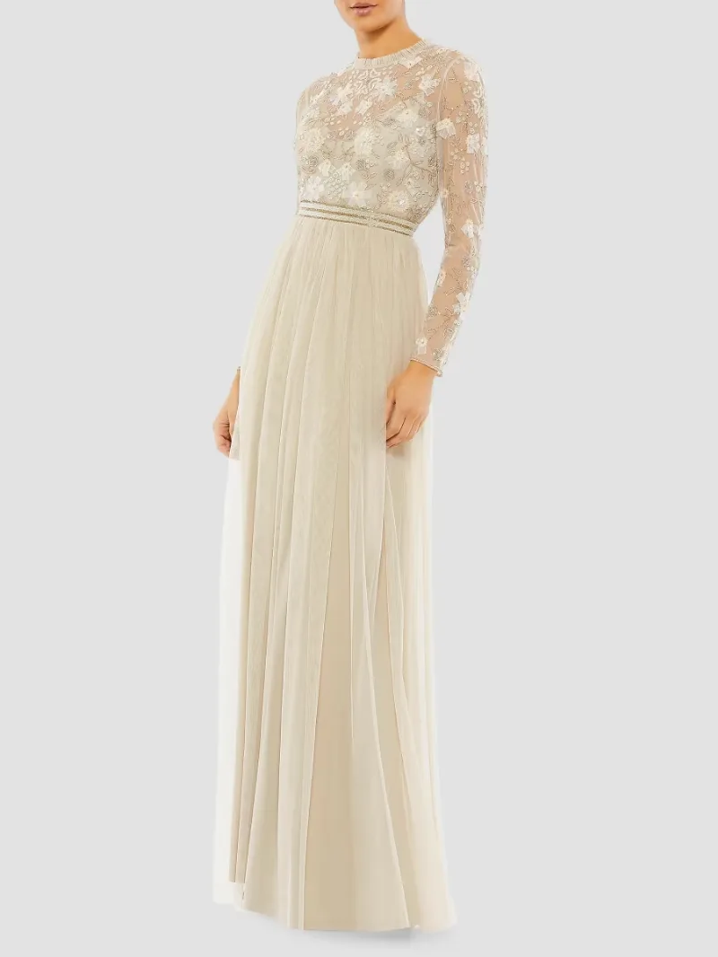 Mac Duggal Women's Sequin-Embellished Long-Sleeve Gown - Vanilla - Size 10