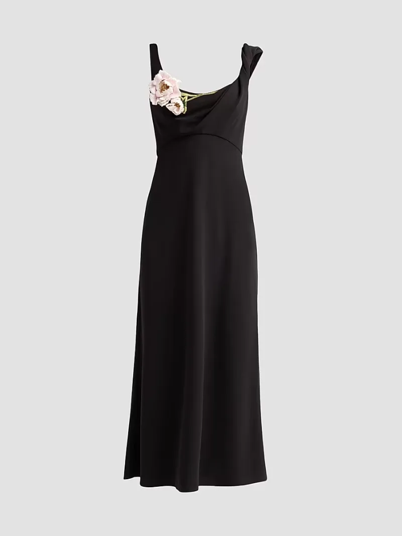 Lela Rose Women's Peony-Embroidered Twist Midi Dress - Black - Size 6