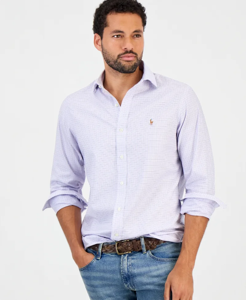 Polo Ralph Lauren Men's Regent Spread-Collar Checked-Oxford Wrinkle-Resistant Dress Shirt - 7192C White Lavender Multi