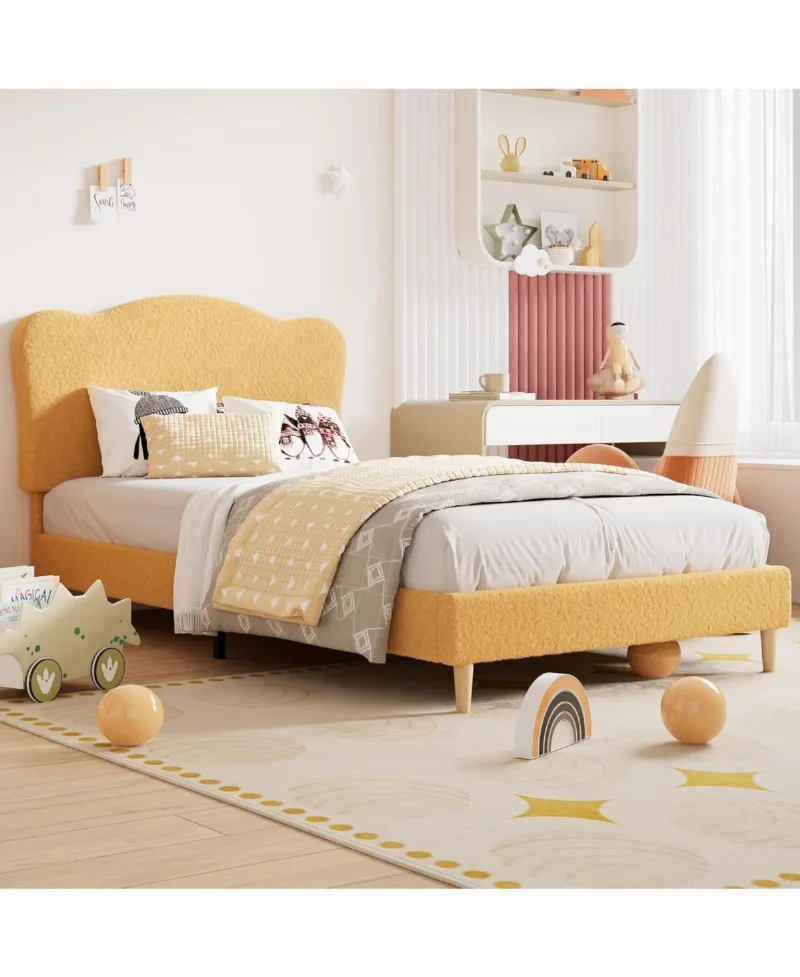 gaomon Twin Bed Frame Upholstered Platform Adjustable Headboard Wooden Slats No Box Spring Needed - Yellow