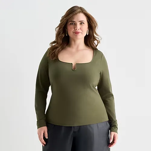 Ashley Graham Wire Notch Womens Plus Scoop Neck Long Sleeve T-Shirt, 3x, Green