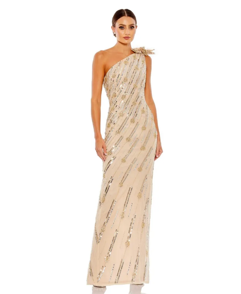Women's Embellished Floral Detail One Shoulder Gown - Nude gold