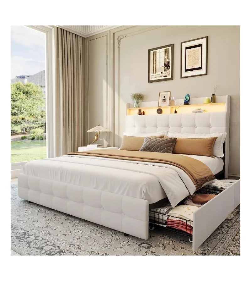 gaomon Full Size Bed Frame with 2 Storage Drawers, Upholstered Bed Frame Full with Led Light, Double-Layer Bedside Headboard with Charging Socket