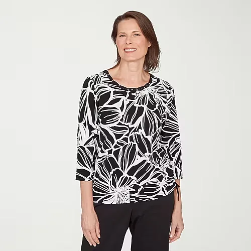 Alfred Dunner Classics Womens Crew Neck 3/4 Sleeve T-Shirt, Petite Small, Black