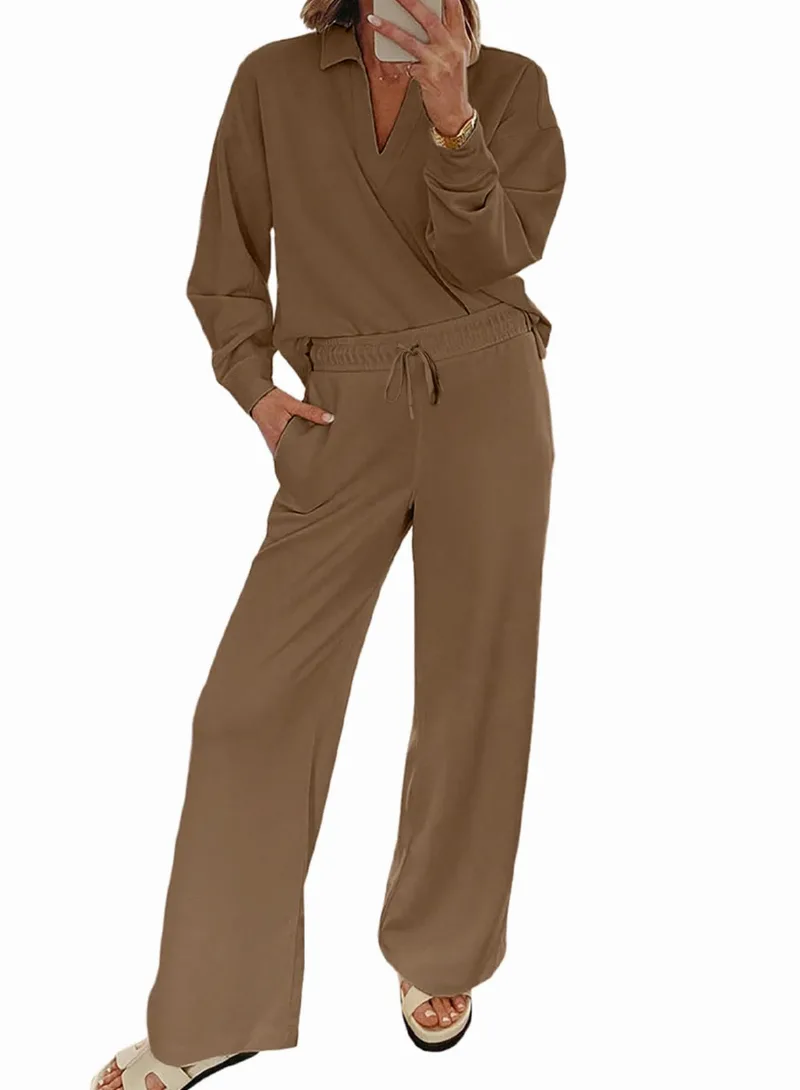 EVALESS Two Piece Sets for Women Lounge Sets Casual V Neck Sweatshirt and Wide Leg Sweatpants Matching Sets Women Clothing Large Coffee