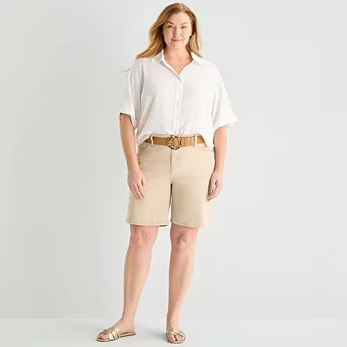 Liz Claiborne Lana Womens 9" High Rise Plus Denim Short, 18w, Beige