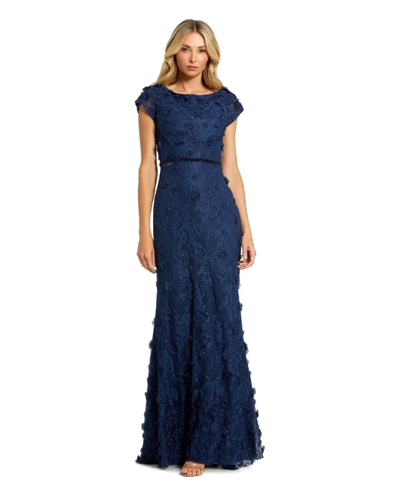 Mac Duggal Women's Floral Applique Boat Neck Short Sleeve Gown - Midnight
