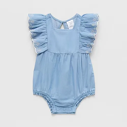 Okie Dokie Chambray Baby Girls Sleeveless Romper, 12 Months, Blue