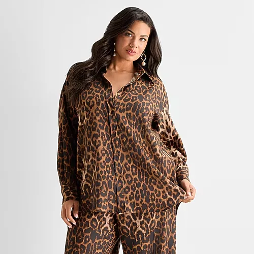 Ashley Graham Womens Plus Long Sleeve Regular Fit Button-Down Shirt, 3x, Brown