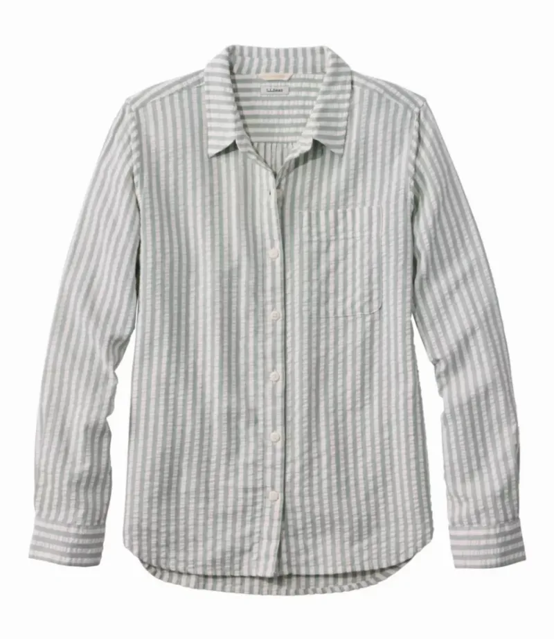 L.L.Bean Women's Seacoast Seersucker Big Shirt Faded Sage Stripe 1X L. L.Bean
