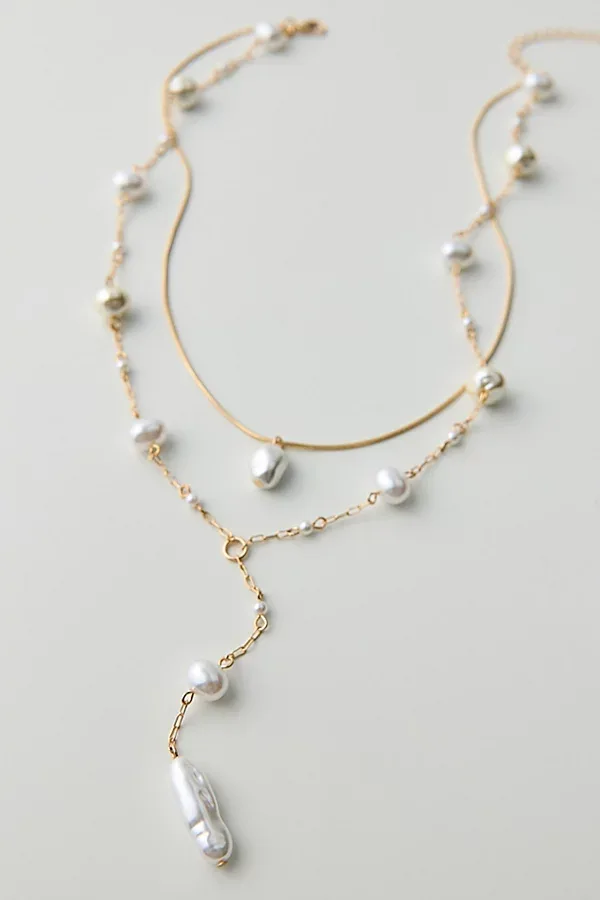 Pearly Corded Lariat Layered Necklace in Gold, Women's at Urban Outfitters