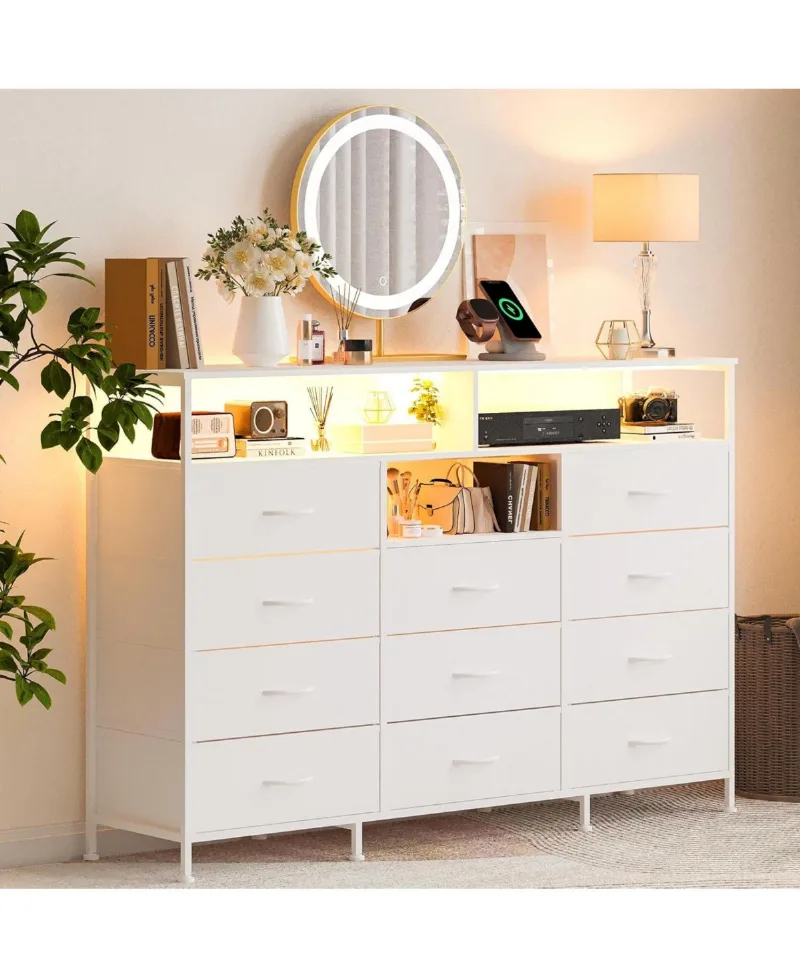 gaomon Dresser for Bedroom with 11 Drawers Featuring Led Light and Power Outlet, Fabric Dressers & Chest of Drawers with Open Shelves for Hallway