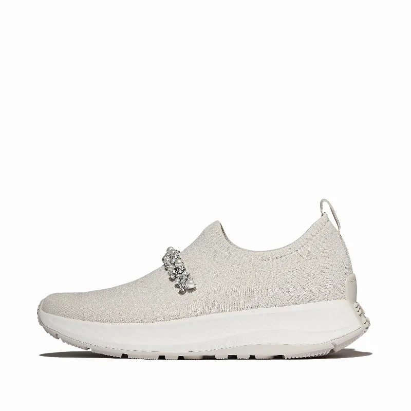 F-MODE Flow Pearls-And-Crystal Knit Slip-On Sneakers
