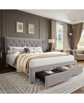 Gaomon Bed Frame With 2 Storage Drawers Vintage Headboard Bedframe With Upholstered Platform Wooden Slat Support Noise Free No Box