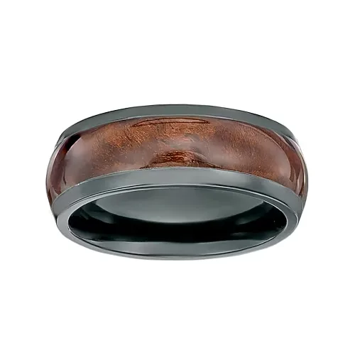 Mens Black Zirconium Band Ring with Wood Inlay, 11, Black