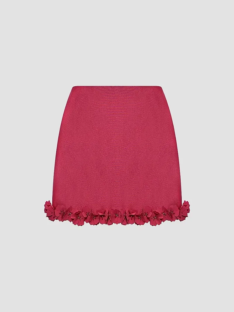 PatBO Women's Sunstone Floral-Appliqué Satin Miniskirt - Dark Pink - Size Large