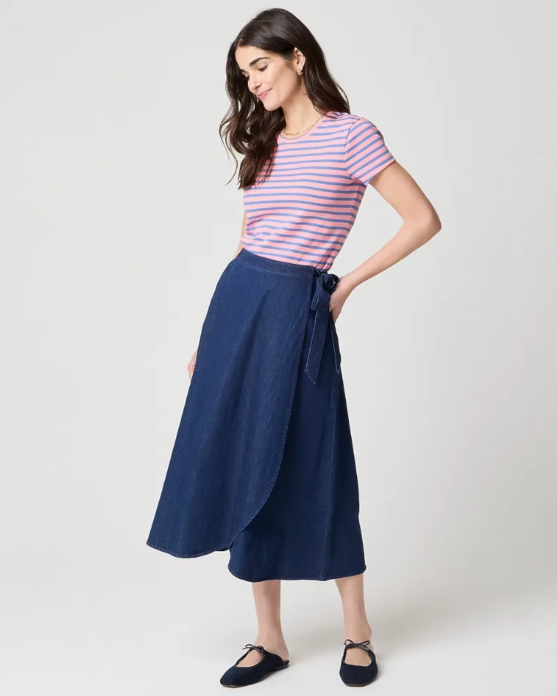 Petite 100% cotton chambray faux-wrap skirt