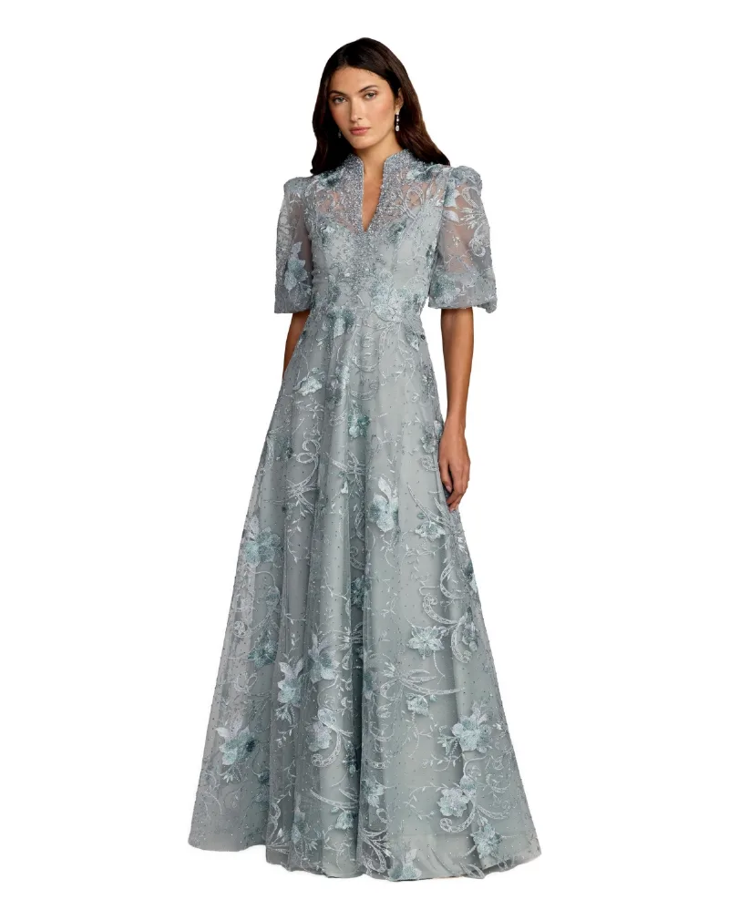 Mac Duggal Women's Embroidered Queen Anne Puff Sleeve A Line Gown - French blue