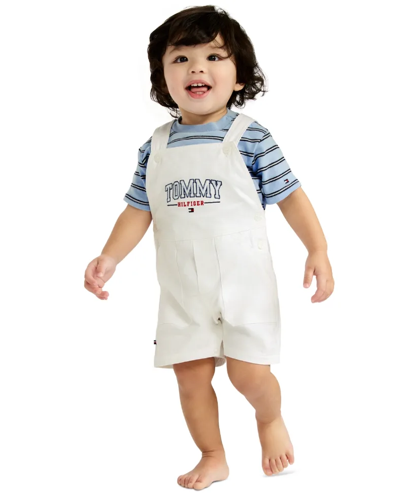 Tommy Hilfiger Baby Boys' Striped T-Shirt and Twill Shortalls, 2-Piece Set - White/Blue