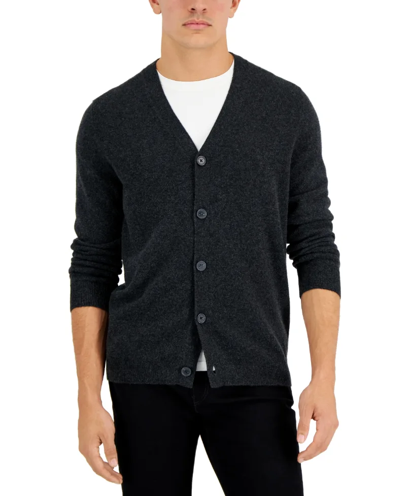 Club Room Men's Cashmere V-Neck Cardigan, Created for Macy's - Dark Charcoal Heather