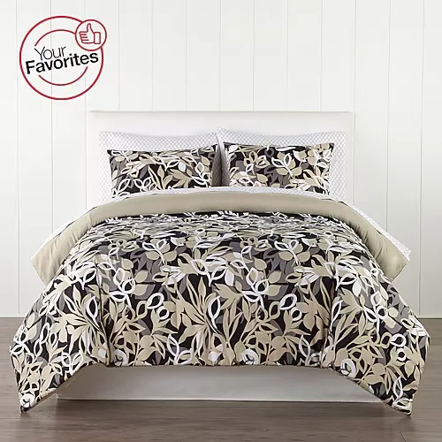 Home Expressions Casey Leaves Complete Bedding Set with Sheets, One Size, Black