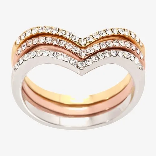Sparkle Allure Curved Chevron Delicate Womens Crystal 14K Gold Over Brass 18K Rose Gold Over Brass Chevron Delicate Ring Set, 7