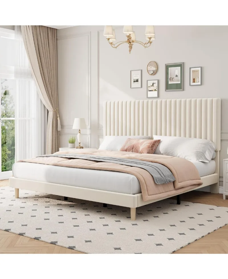 gaomon King Size Velvet Platform Bed Frame with Vertical Channel Tufted Adjustable Headboard - Beige/Khaki