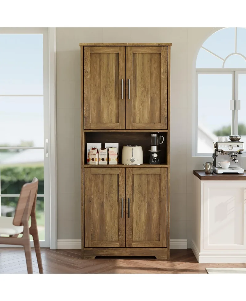 homfan 70 Inch Tall Pantry Cabinet with 4 Doors and Adjustable Shelves, Kitchen Storage Cupboard for Dining Room, Bath, Laundry - Brown