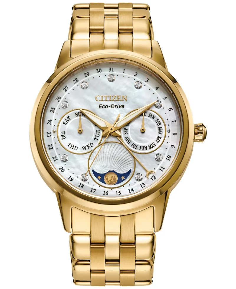 Citizen Eco-Drive Women's Calendrier Diamond-Accent Gold-Tone Stainless Steel Bracelet Watch 37mm - Silver-tone