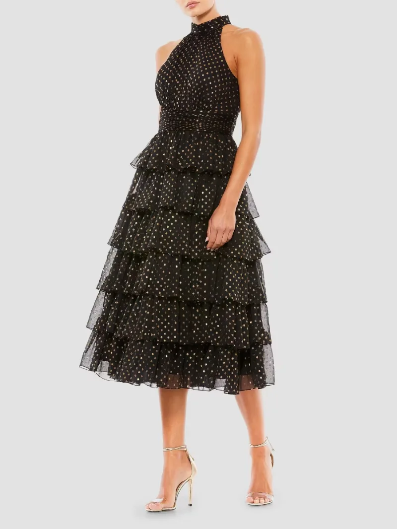 Mac Duggal Women's High-Neck Tiered Dotted Midi-Dress - Black Gold - Size 14