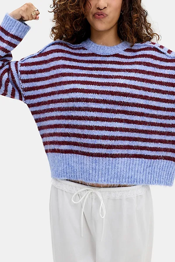 Urban Outfitters UO Oslo Striped Brushed Knit Crew Neck Sweater in Blue, Women's at Urban Outfitters