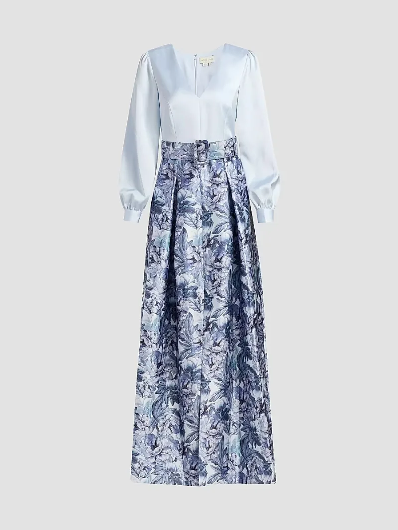 SACHIN BABI Women's Zoe Printed Mikado Gown - Celestial Bluef Rozen Flora - Size 2